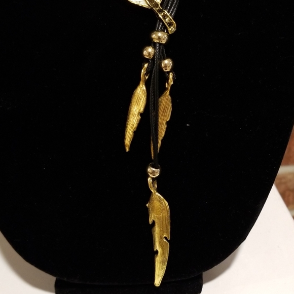 Black Leather Insipired Gold Pendant Necklace - Picture 5 of 7